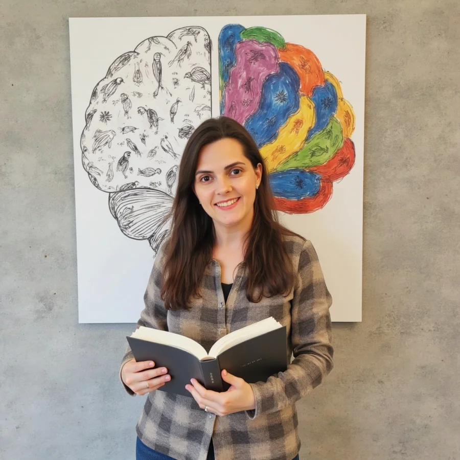 Profe Carolina Coelho com um livro na mão, na frente de uma ilustração de cérebro